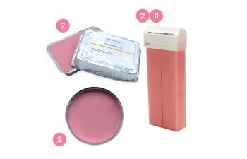 Pack cera rosa: 2 kg sólida , 2 latas de 800 g. cera tibia y 20 roll on